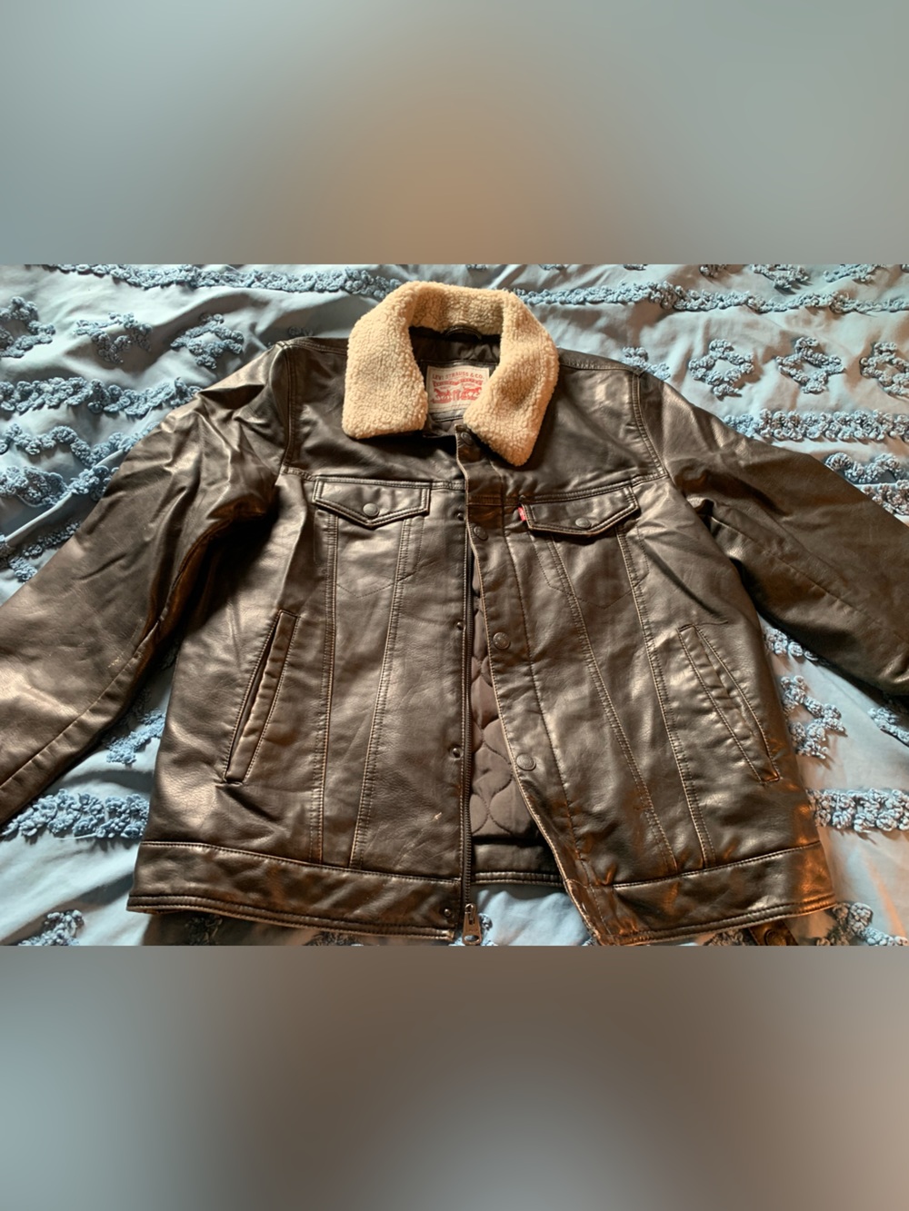 Men’s Levi's Brown Faux Leather Bomber Jacket with Removable Sherpa Collar